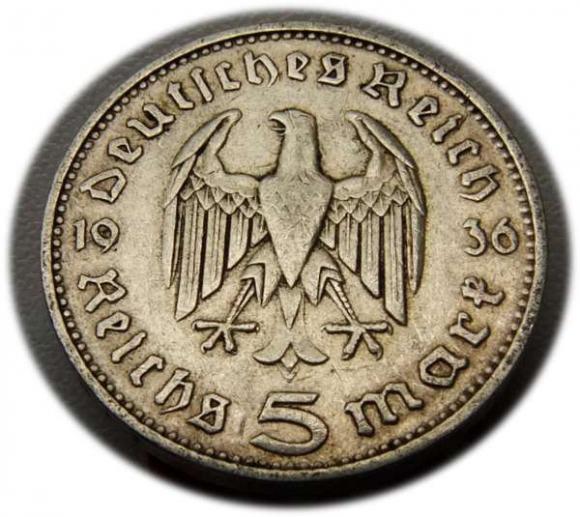 5 marek 1936 Paul von Hindenburg / orzeł pruski Stuttgart (2)