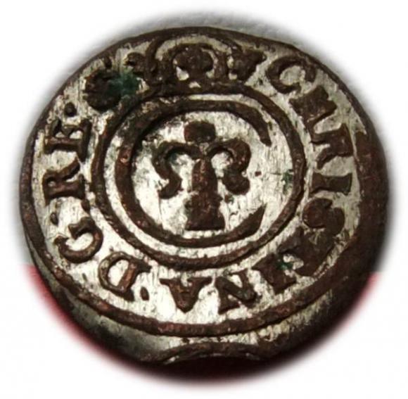 Szeląg 1645 Krystyna Waza Ryga (1)