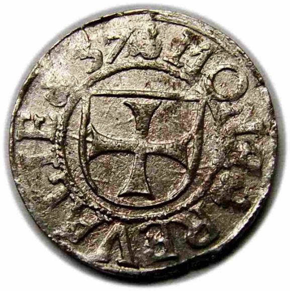 Szeląg 1537 Herman von Bruggenei Zakon Kawalerów Mieczowych Rewal (1)