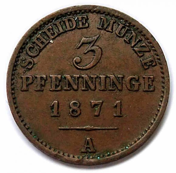 3 fenigi 1871 Wilhelm I Hohenzollern Prusy Berlin (1)