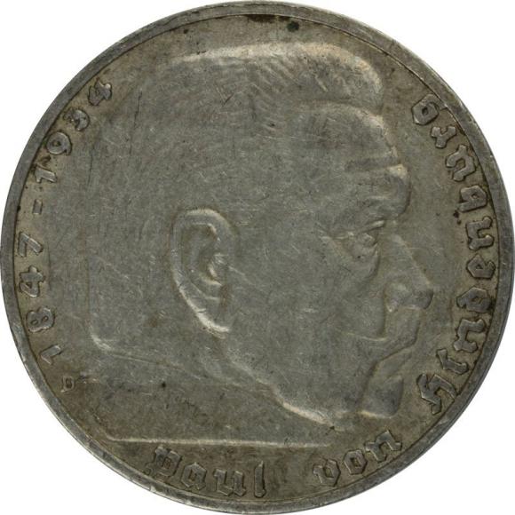 5 marek 1936 D Paul von Hindenburg / swastyka Niemcy Monachium (1)