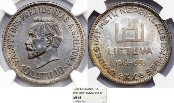 10 litów 1938 Litwa Prezydent A. Smetona MS-63 (1)