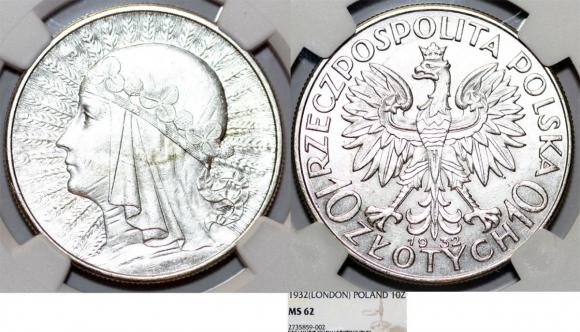 10 złotych 1932 Głowa Kobiety Londyn srebro MS 62 (1)