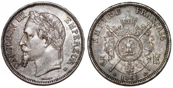 5 franków 1869 Napoleon III Francja Strasburg (1)