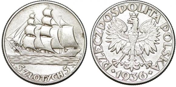 5 złotych 1936 Statek Żaglowiec srebro (1)
