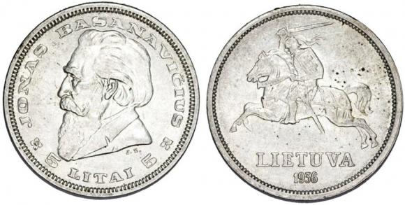 5 litów 1936 Jonas Basanavicius Litwa srebro (1)