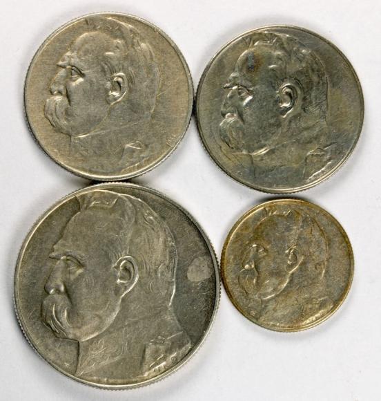 Jozef Piłsudski 1934 1936 zestaw 4 różnych monet srebro