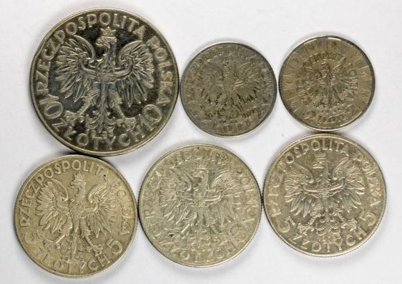 Głowa Kobiety Józef Piłsudski zestaw 6 monet srebro