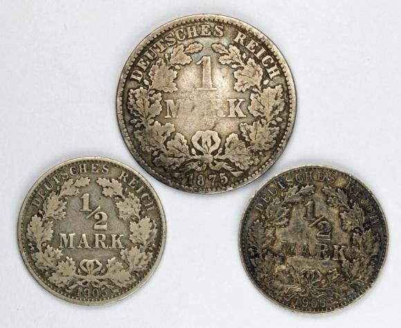 Zestaw 3 monet 1 marka 1875 D, 1/2 marki 1905 A, 1/2 marki 1906 D Niemcy (1)