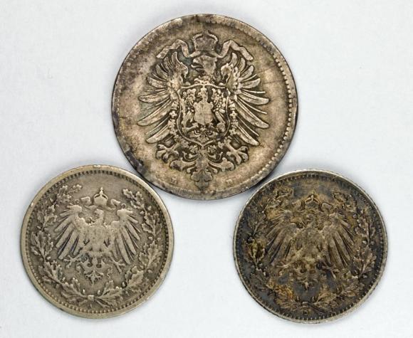 Zestaw 3 monet 1 marka 1875 D, 1/2 marki 1905 A, 1/2 marki 1906 D Niemcy (2)
