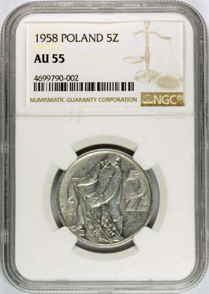 5 złotych 1958 Rybak AU 55 NGC (1)