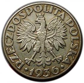 Obrazek 2 dla: 5 złotych 1936 II RP Żaglowiec