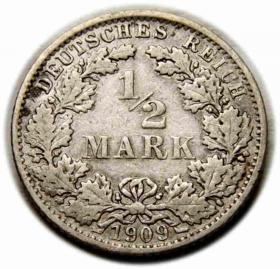 Obrazek dla: 1/2 marki 1909 E Wilhelm II Hohenzollern Niemcy Muldenhutten
