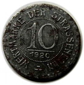 Obrazek dla: Żeton tramwajowy 10 fenigów 1920 Wrocław / Breslau