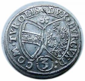Obrazek 2 dla: 3 krajcary 1659 Ferdynand Karol Austria Tyrol Hall	