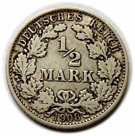 Obrazek dla: 1/2 marki 1908 A Wilhelm II Hohenzollern Prusy Berlin