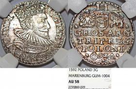 Obrazek dla: Trojak 1592 Zygmunt III Waza Malbork AU 58