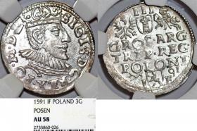 Obrazek dla: Trojak 1591 Zygmunt III Waza Poznań AU 58