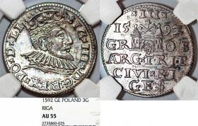 Obrazek dla: Trojak 1592 Zygmunt III Waza Ryga AU 55