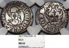 Obrazek dla: Szeląg 1617 Zygmunt III Waza Ryga MS 63 R5