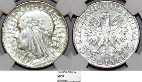 Obrazek dla: 5 złotych 1933 Głowa Kobiety srebro AU 53