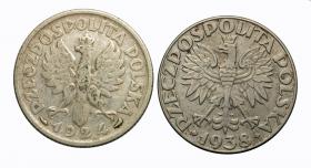 Obrazek 2 dla: 1 złoty 1924 Kobieta z kłosami + 50 gr 1938